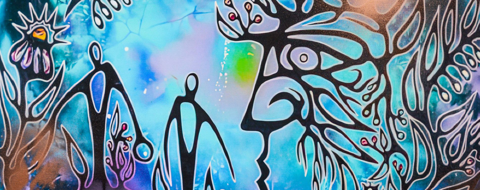 Anishinaabe pictograph style human figures against a vibrant colourful background.