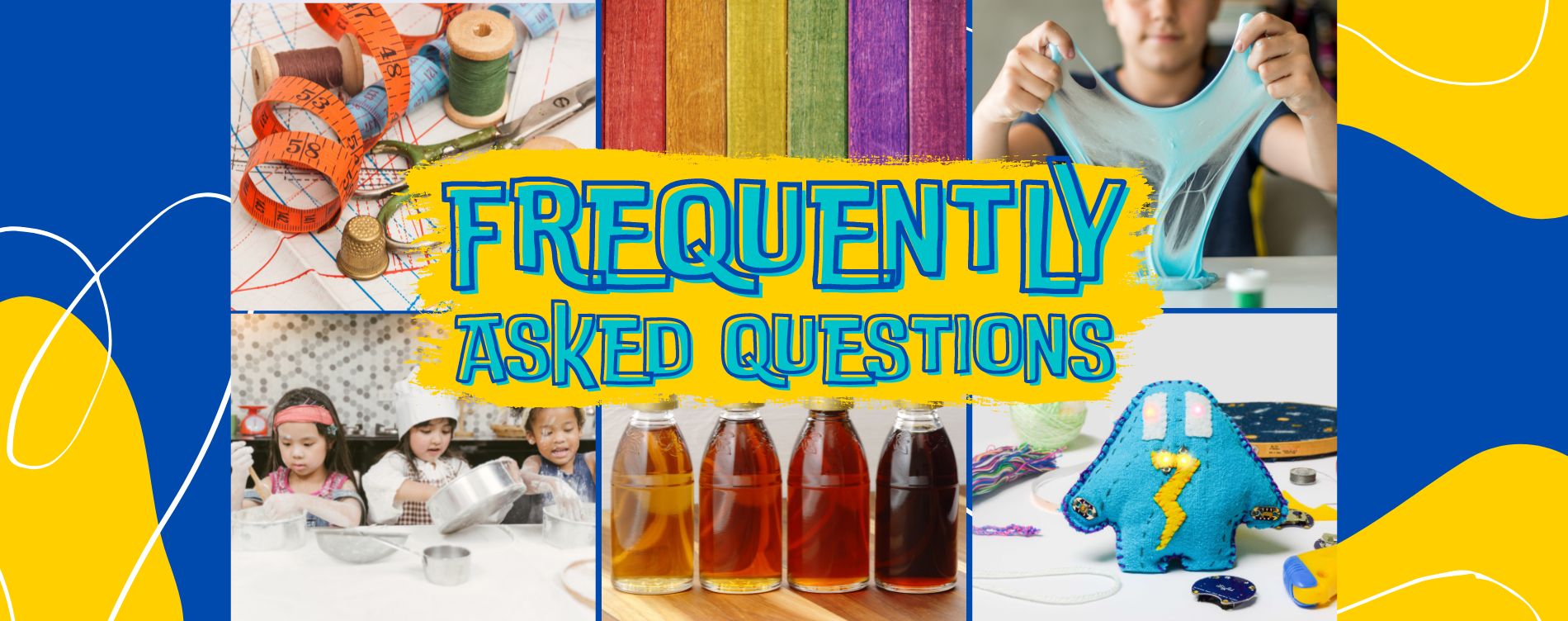 A collage of photos featuring activities: children cooking, a child stretching slime, bottles of coloured liquid, and crafting supplies.