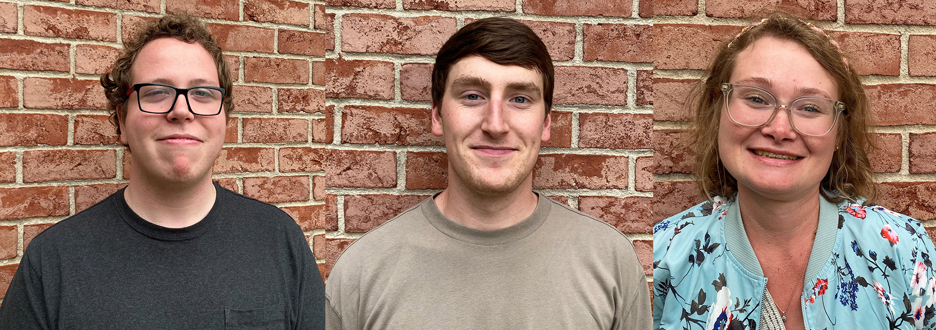 Three people standing in front of a brick wall in a collaged image