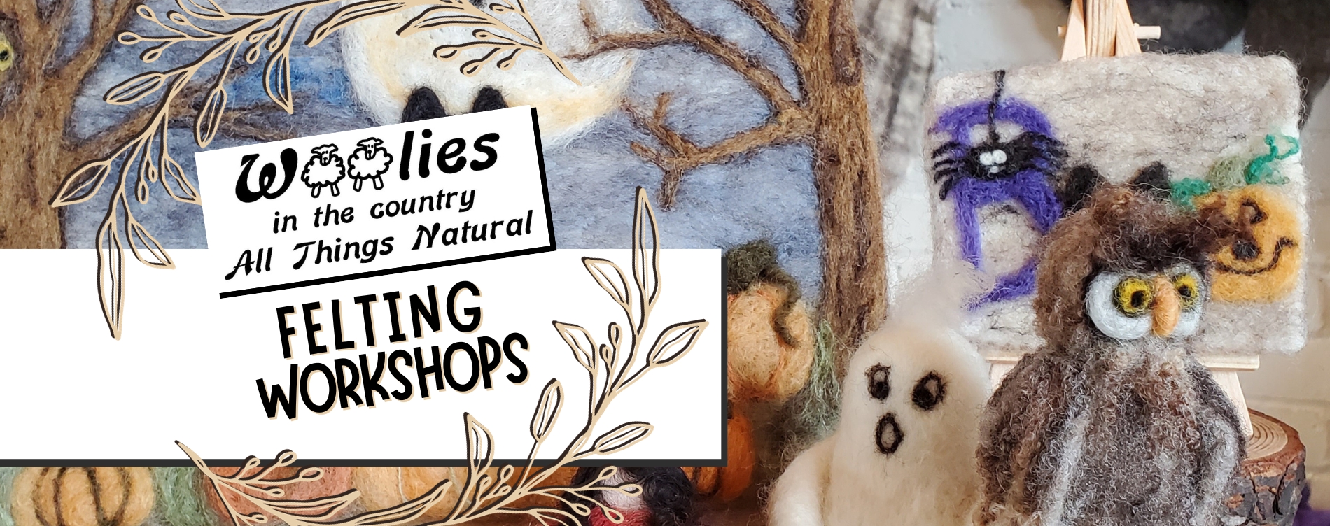 Handmade felt figurines including an owl, ghost, and fall scene with pumpkins.