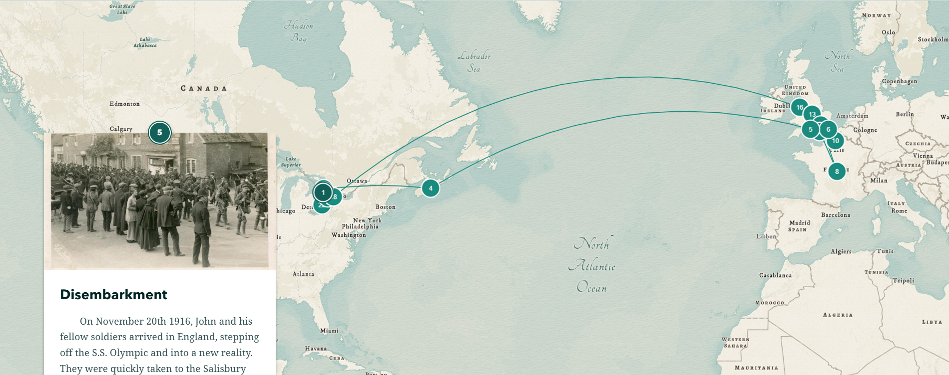Map showing lines criss crossing from points in Canada to Europe