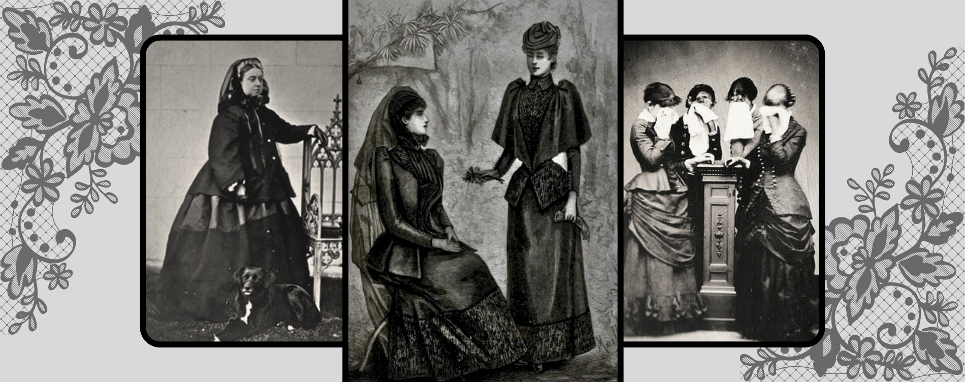 Three black and white images of Victorian era women in mourning clothes.