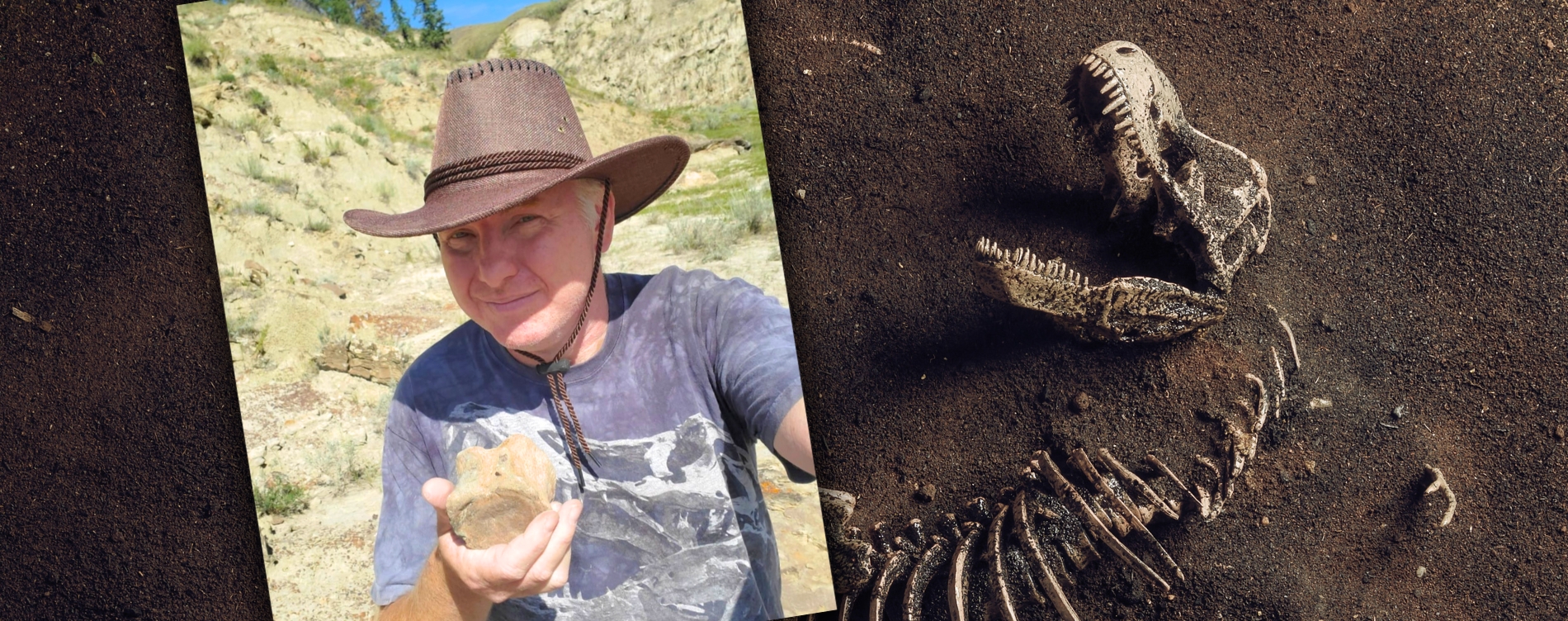 A man wearing a broad brimmed hat holding a fossil.