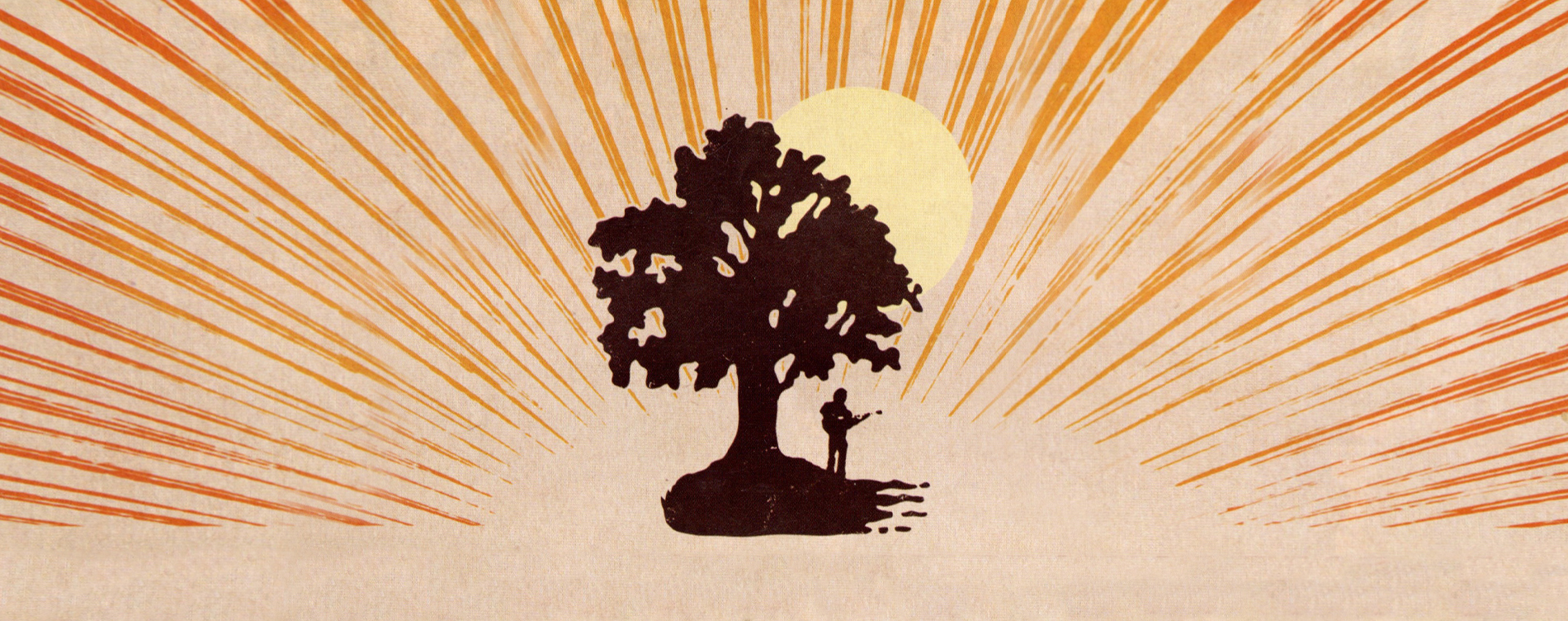 Illustration from 2013 Summerfolk program. A guitarist stands under a tree at sunrise.