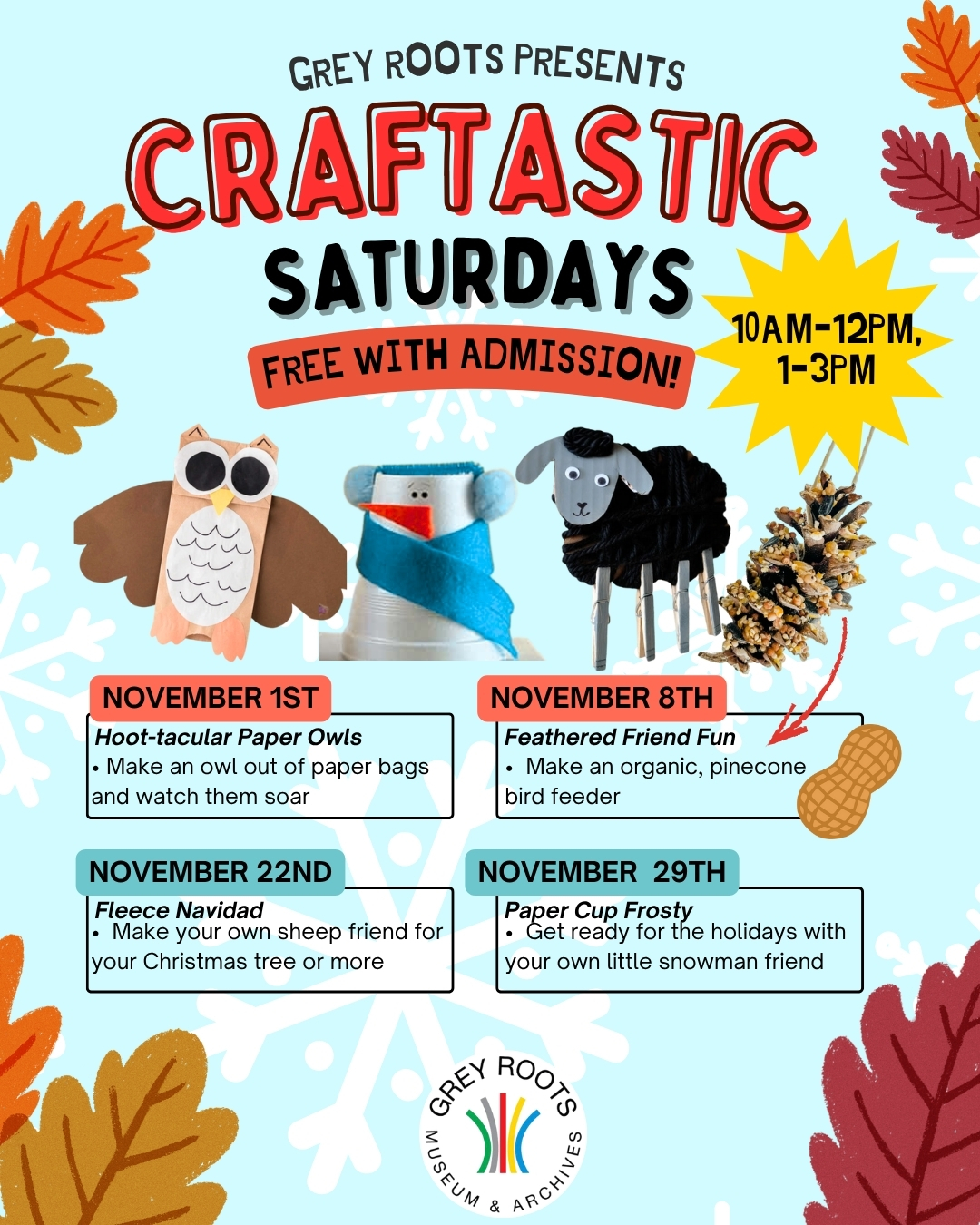 Poster for Grey Roots “Craftastic Saturdays” with dates and craft themes: paper owls, bird feeder, sheep, snowman.