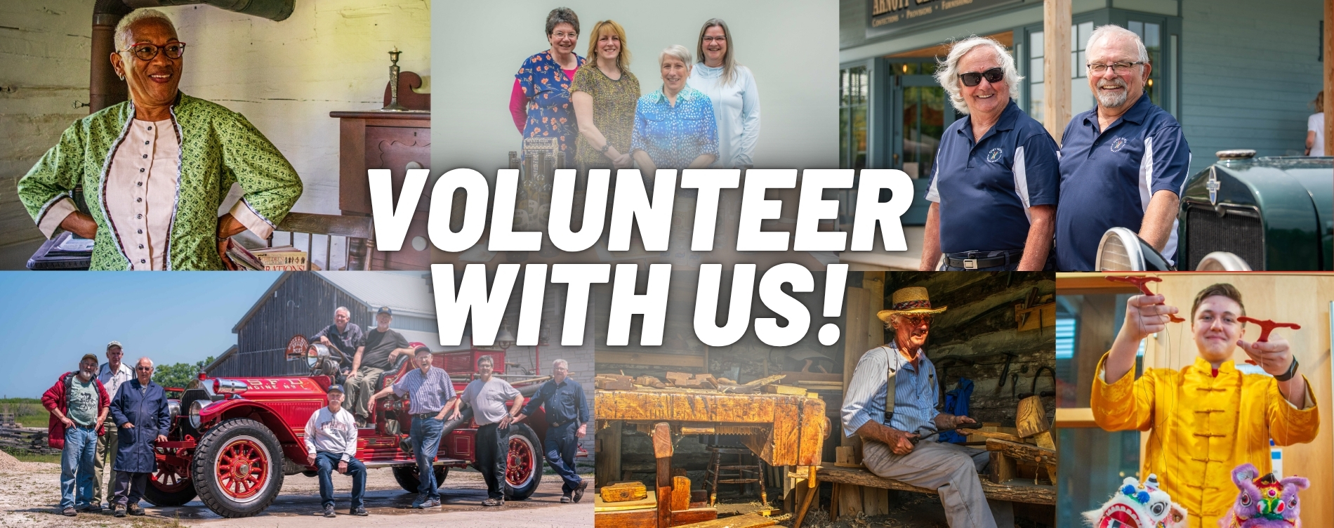 Collage of diverse volunteers in various settings with the bold white text "VOLUNTEER WITH US!" across the center. Scenes include individuals and groups smiling outdoors, posing with vintage cars, wearing branded shirts, and engaging in cultural or community activities.