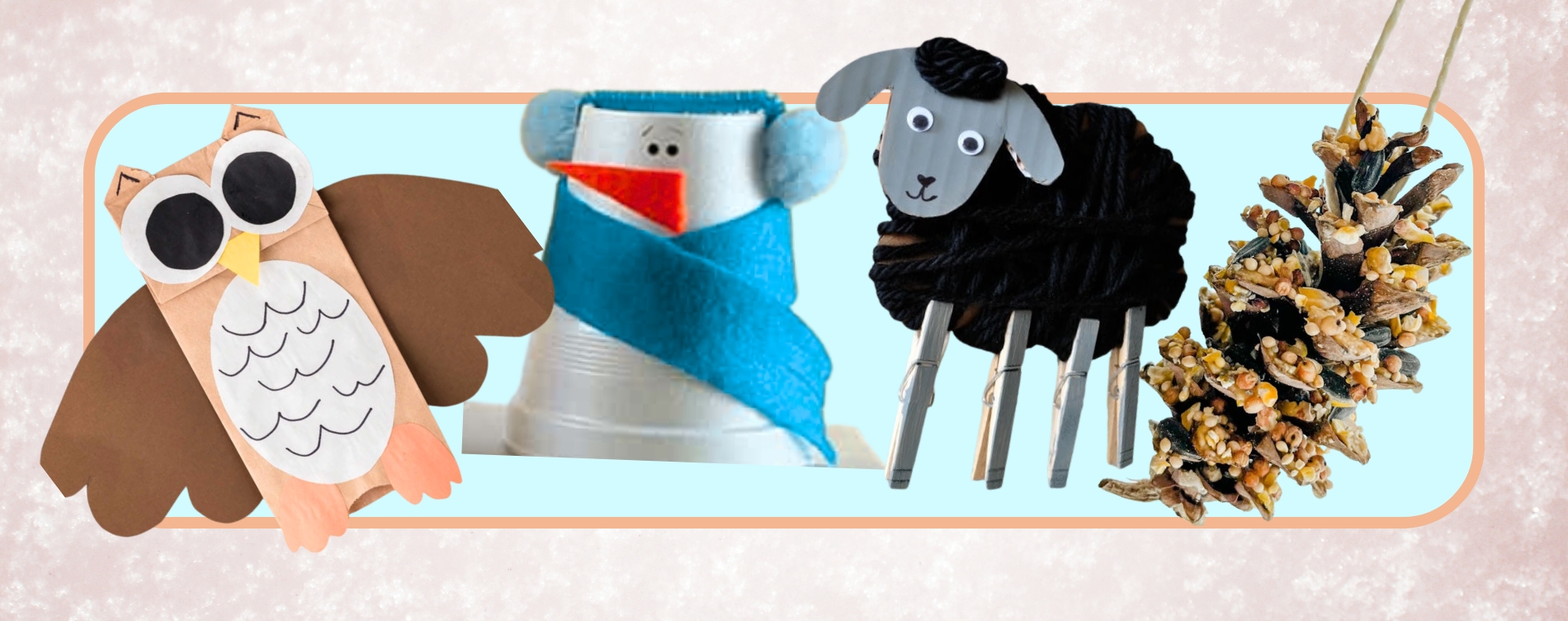 Four DIY crafts: a paper owl, a sock puppet, a yarn sheep with clothespin legs, and pinecone bird feeders.