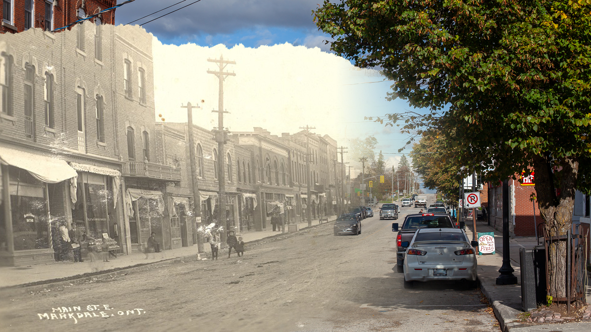 Blended image showing historic and modern views of Main Street in Markdale, Ont., with old storefronts merging into today’s street and parked cars.