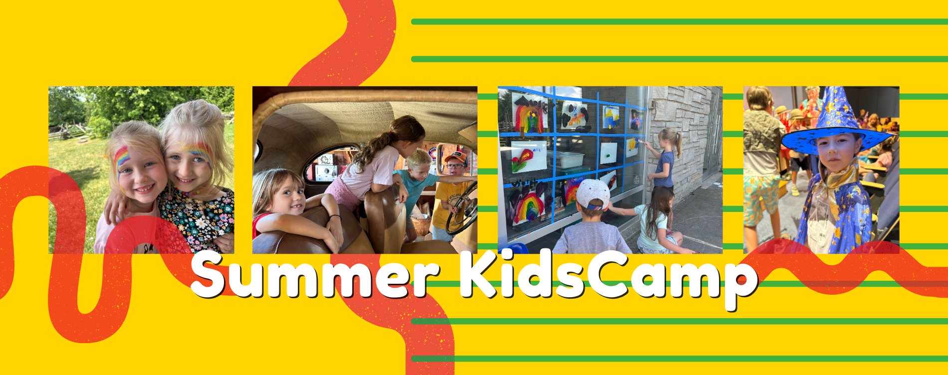 Banner showing children enjoying summer camp activities with the text ‘Summer KidsCamp.