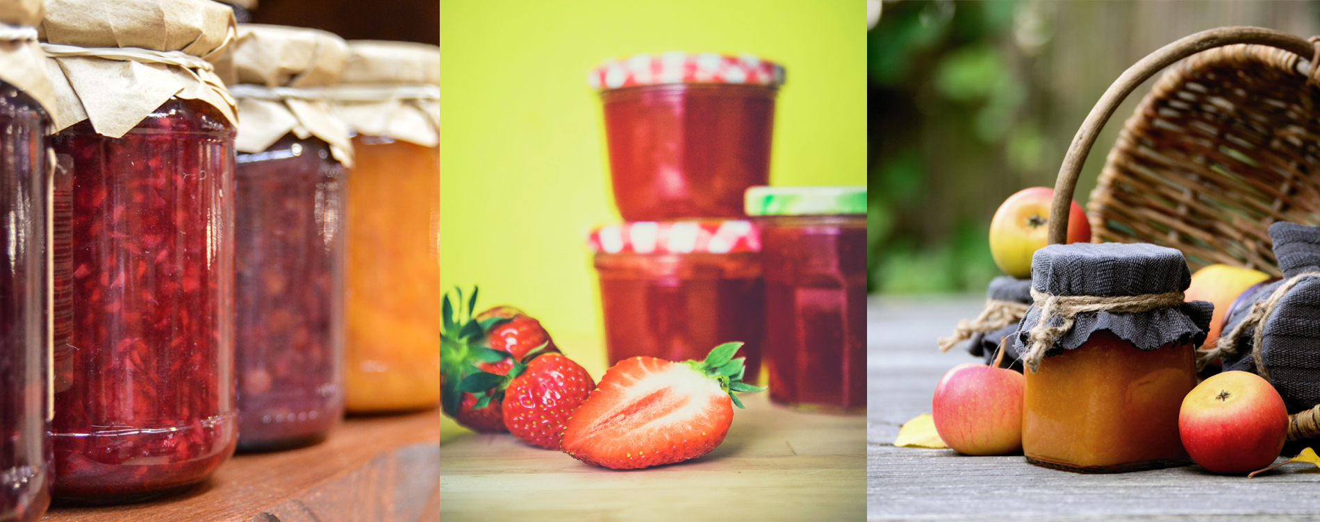 3 images showing canned preserves and fruits.