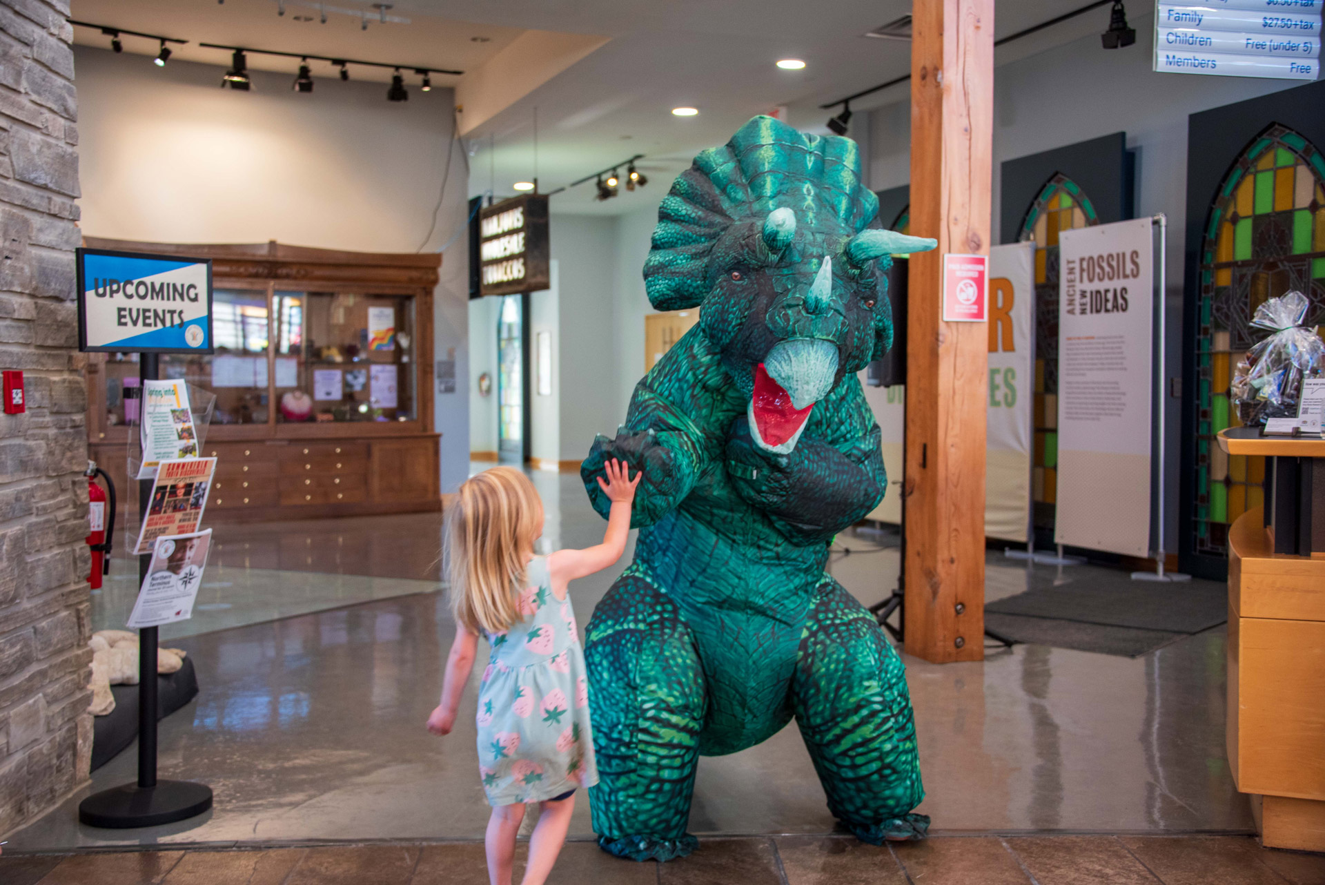A young child in a light-colored dress reaches out to interact with a person in a green triceratops costume inside a museum. Signs in the background read 'UPCOMING EVENTS' and 'FOSSILS IDEAS,' with various displays and informational boards visible.