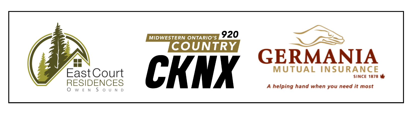 Three logos displayed side by side. From left to right: the East Court Residences Owen Sound logo featuring an illustration of trees and a house; the Midwestern Ontario's Country 920 CKNX logo with bold text; and the Germania Mutual Insurance logo with the tagline 'A helping hand when you need it most' and an illustration of a hand.