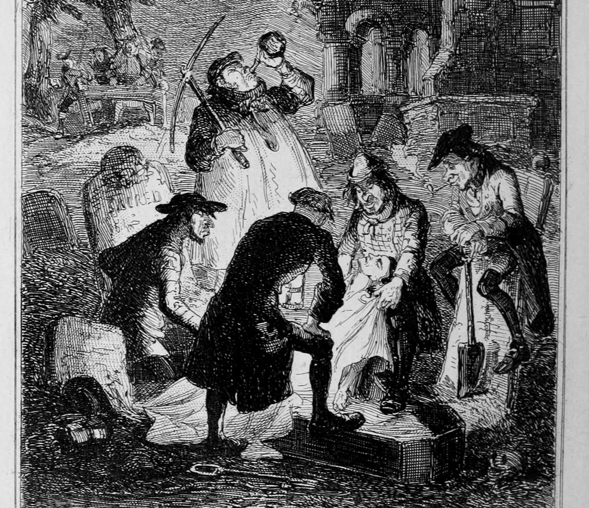 Black and white illustration of men grave robbing at night, lifting a body from a coffin in a graveyard.