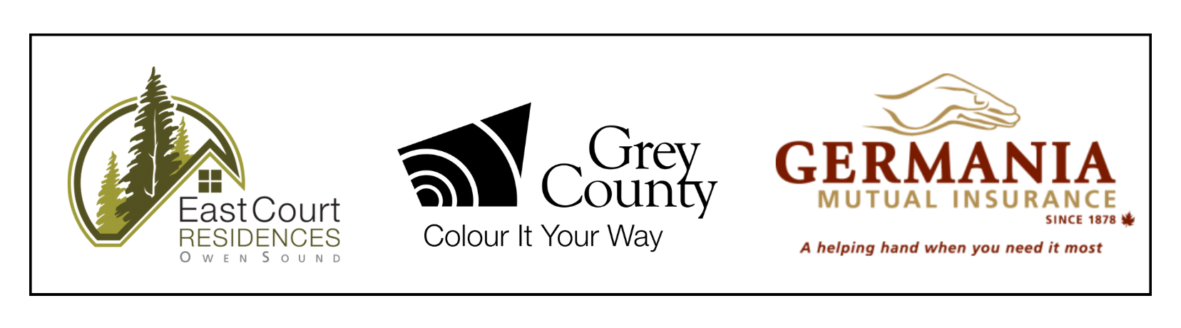 Three logos displayed side by side. From left to right: the East Court Residences Owen Sound logo with a circular design featuring trees and a house; the Grey County logo with the tagline 'Colour It Your Way' and a black abstract shape; and the Germania Mutual Insurance logo, established in 1878, with the tagline 'A helping hand when you need it most' and an outline of a hand above the text.