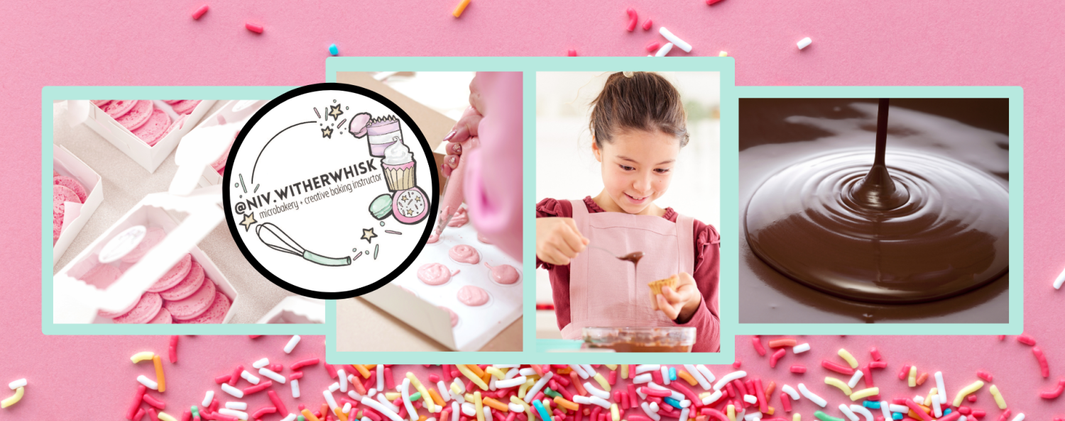 Two images of pink macarons, beise two pictures of chocolate and chocolate making. Very pink, and sprinkley vibe.