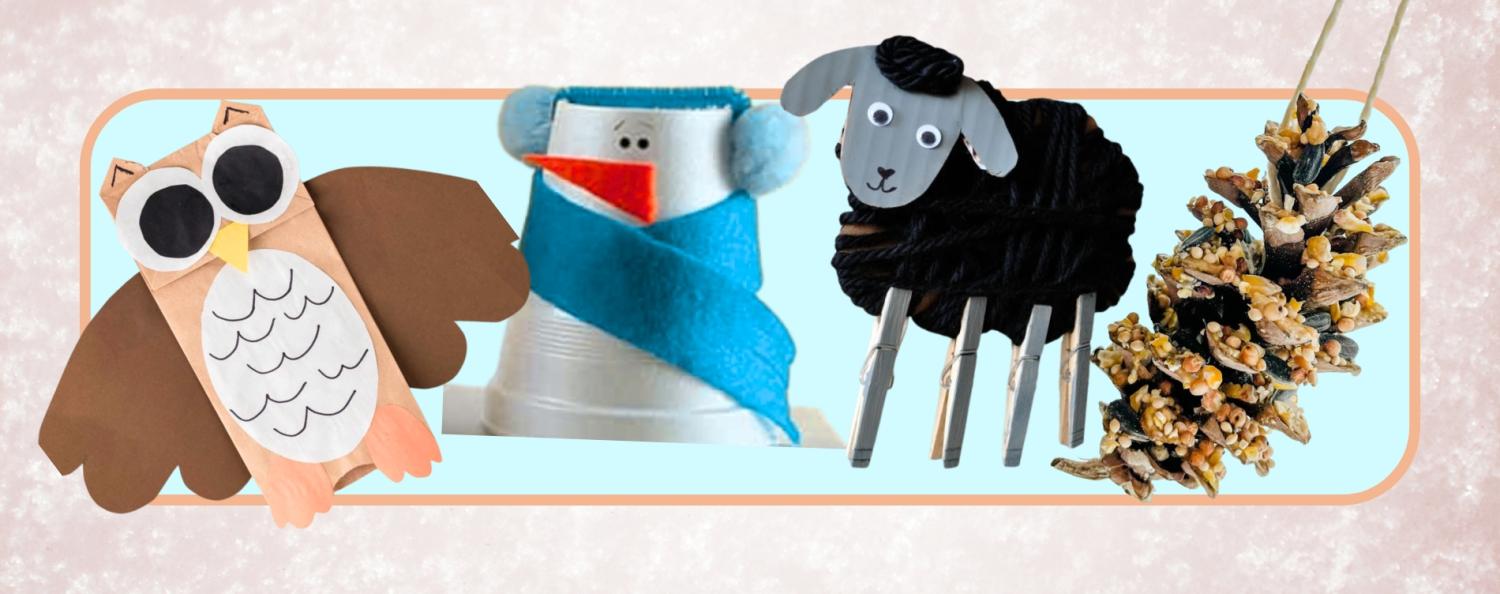 Four DIY crafts: a paper owl, a sock puppet, a yarn sheep with clothespin legs, and pinecone bird feeders.