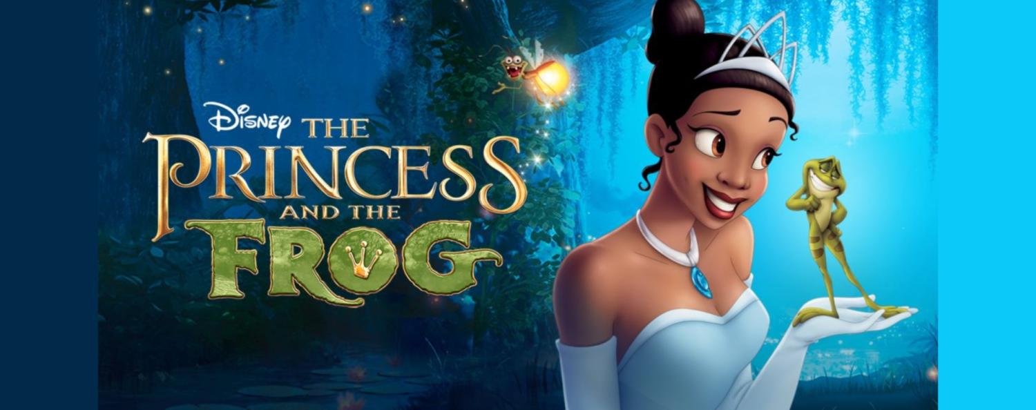 Promotional poster for Disney’s The Princess and the Frog. The image features the movie title in ornate gold lettering on the left, set against a glowing blue and green bayou background with hanging vines. On the right, a character in a white gown and tiara holds a small green frog in one hand, while a glowing firefly hovers nearby.