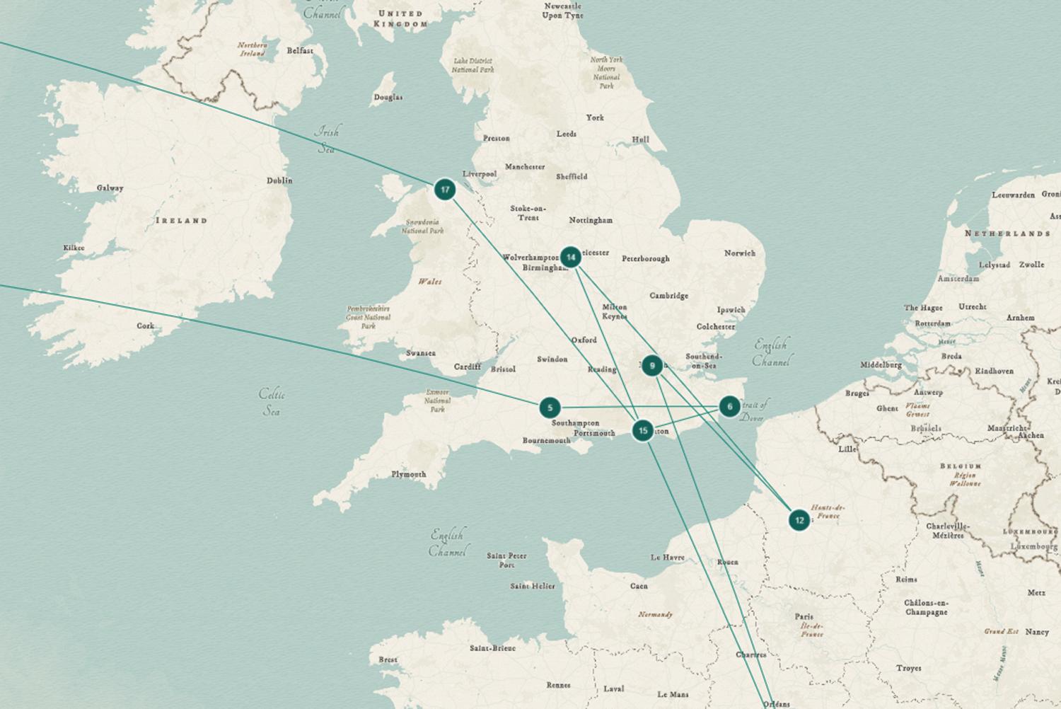 Map showing parts of the United Kingdom, Ireland, northern France, Belgium, and the English Channel. Several green markers are connected by lines, indicating routes or locations across England and into mainland Europe. Major cities and geographic labels such as London, Paris, and Brussels are visible.