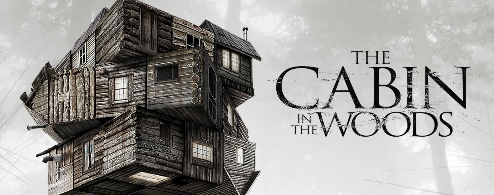 Poster for The Cabin in the Woods showing a distorted cube-shaped wooden cabin against a misty forest background.