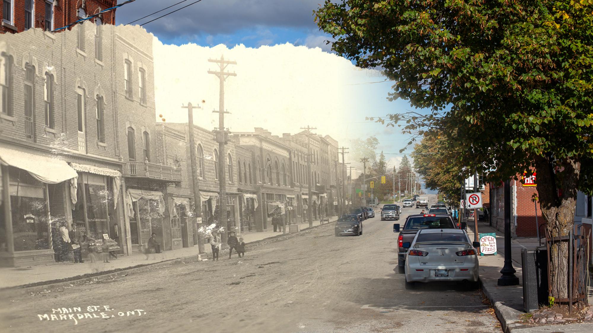 Blended image showing historic and modern views of Main Street in Markdale, Ont., with old storefronts merging into today’s street and parked cars.