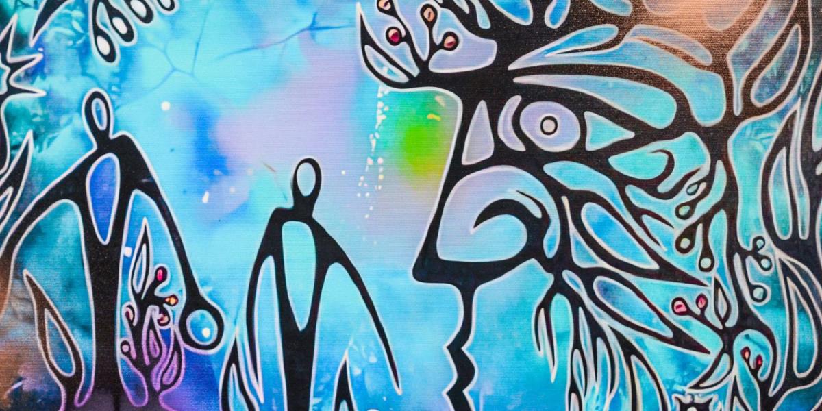 Anishinaabe pictograph style human figures against a vibrant colourful background.
