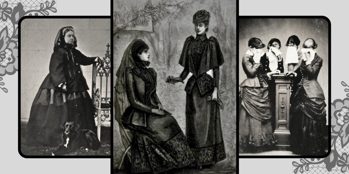 Three black and white images of Victorian era women in mourning clothes.