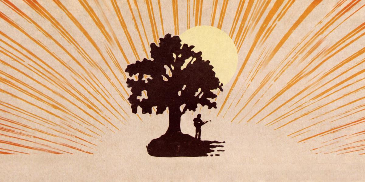 Illustration from 2013 Summerfolk program. A guitarist stands under a tree at sunrise.