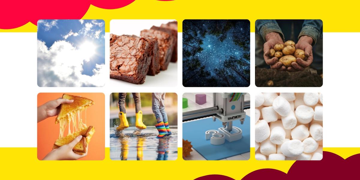 Eight-photo collage showing sky, brownies, starry forest, hands holding potatoes, cheesy sandwich, kids in rain boots, 3D printer, and marshmallows