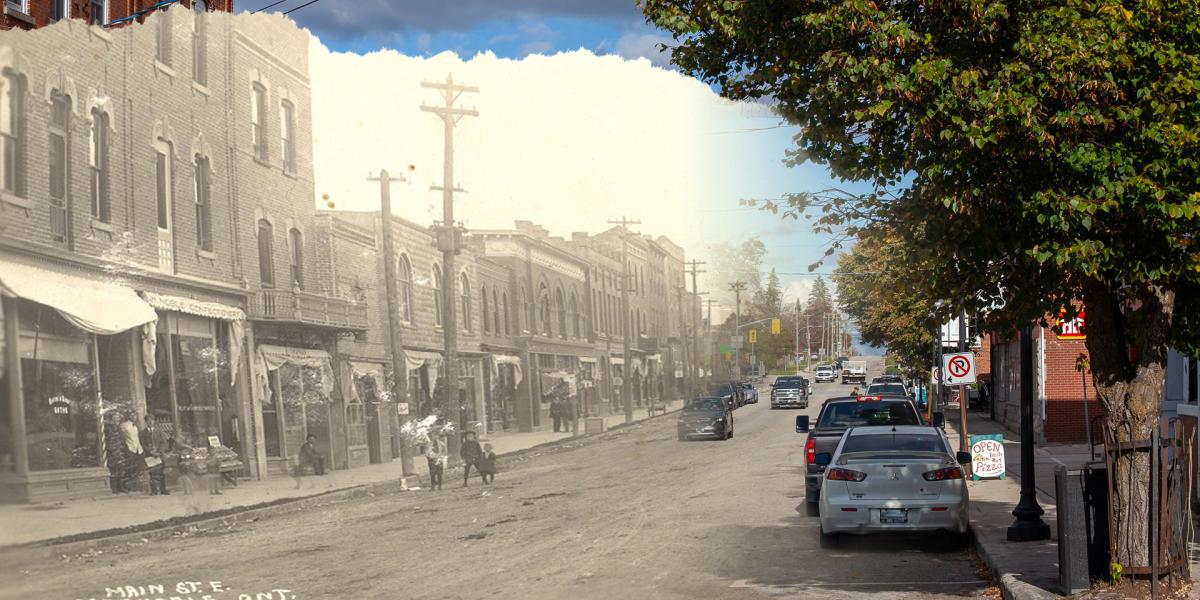 Blended image showing historic and modern views of Main Street in Markdale, Ont., with old storefronts merging into today’s street and parked cars.