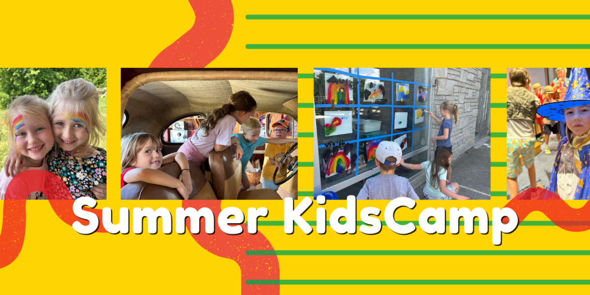 Banner showing children enjoying summer camp activities with the text ‘Summer KidsCamp.