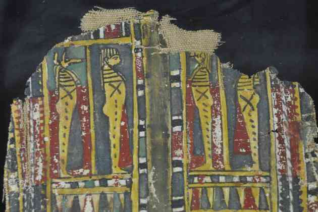 Four Sons of Horus Cartonnage – the baboon-headed figure at the right is missing its head area.  It is on loan “From the Daniel Kolos Gallery of Ancient Egyptian Art (Durham, Ont.)”