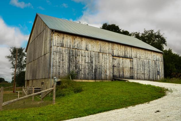 Exterior of a  large timber framed barn