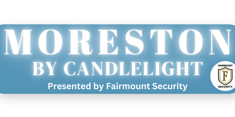 Moreston by Candlelight text on blue background