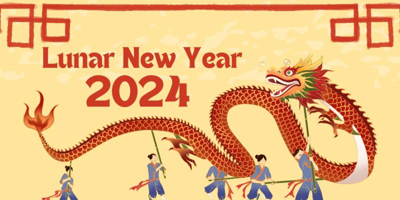 An illustrated banner featuring dancers and a long red Chinese Dragon
