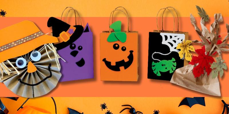 A row of Halloween-themed DIY crafts displayed against an orange background with bats, spiders, webs, and skulls. From left to right: a scarecrow face made from folded paper with googly eyes and an orange hat; a purple bag with black cut-out shapes forming a witch's face; an orange bag with a jack-o'-lantern face and green leaves; a black bag featuring a green spider and white web; and a brown paper bag decorated with colorful autumn leaves.