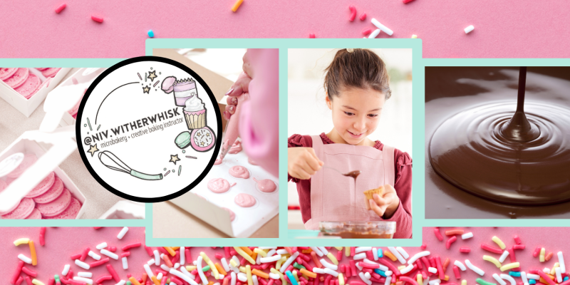 Two images of pink macarons, beise two pictures of chocolate and chocolate making. Very pink, and sprinkley vibe.