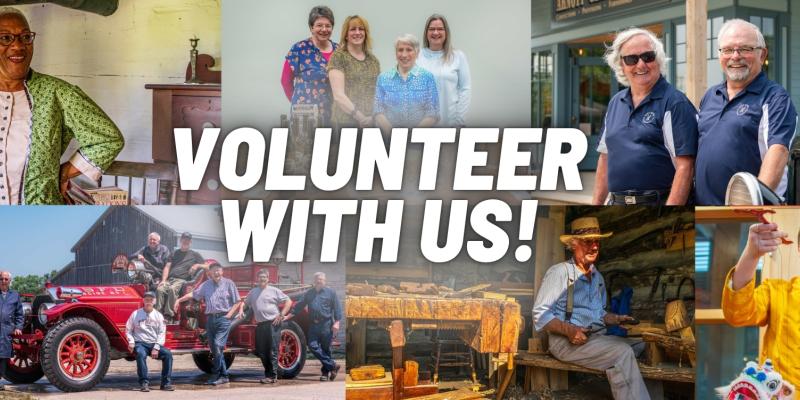 Collage of diverse volunteers in various settings with the bold white text "VOLUNTEER WITH US!" across the center. Scenes include individuals and groups smiling outdoors, posing with vintage cars, wearing branded shirts, and engaging in cultural or community activities.