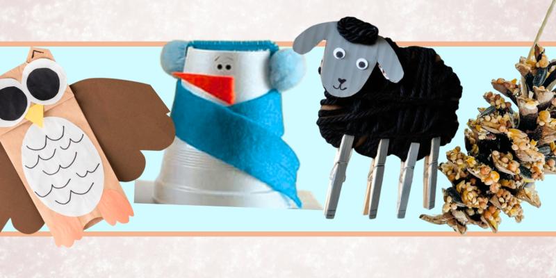 Four DIY crafts: a paper owl, a sock puppet, a yarn sheep with clothespin legs, and pinecone bird feeders.