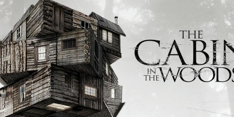 Poster for The Cabin in the Woods showing a distorted cube-shaped wooden cabin against a misty forest background.