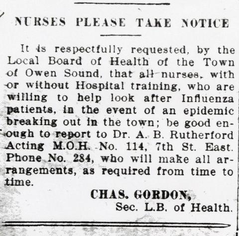 "Nurses Please Take Notice," Owen Sound Advertiser, October 10, 1918