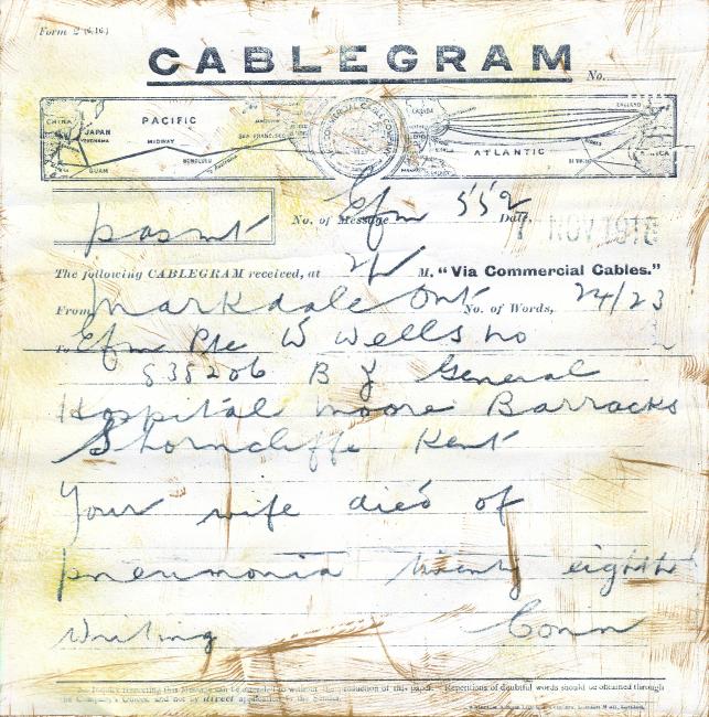 Cablegram to William Wells on the death of his wife, Clara, 1918