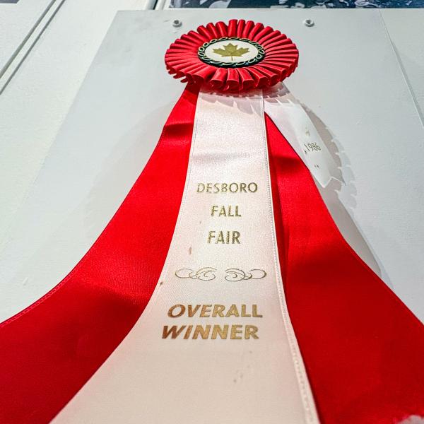 Red and white Desboro Fall Fair ribbon labeled ‘Overall Winner’ displayed on a wall.