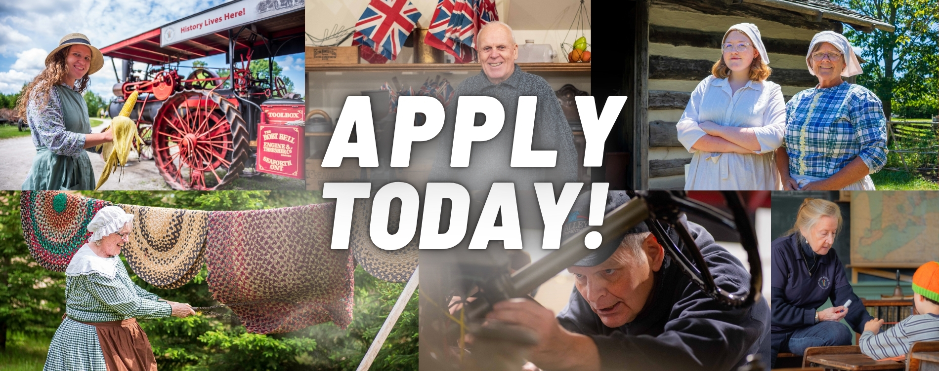 Collage of volunteers in historical and hands-on roles with “APPLY TODAY!” text—featuring costumed interpreters, heritage crafts, and interactive museum scenes.